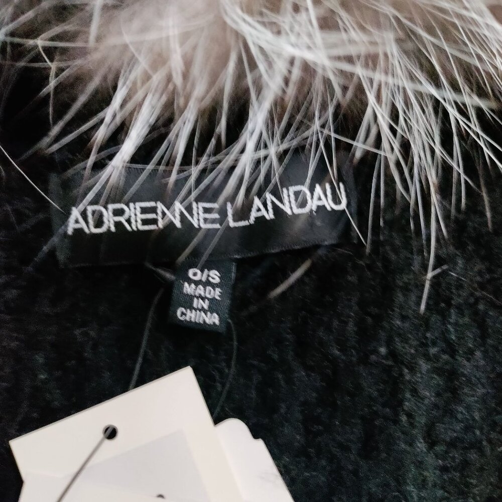 NWT Adrienne Landau Black Real Fox Fur Collar Zipper Closure Knit Poncho OS - Picture 8 of 16